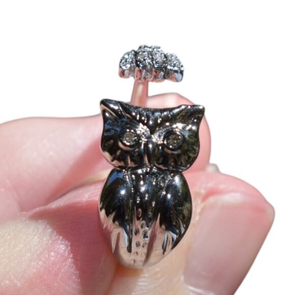 Genuine .05ct Diamond Owl Animal Ring 925 Sterling Silver Adjustable Size - Picture 4 of 5